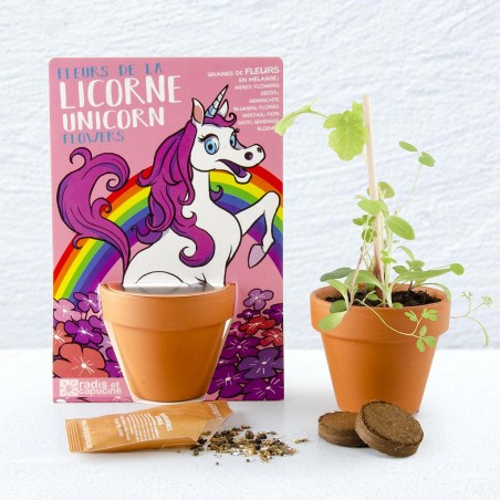 Licorne et ses fleurs à semer - Carte avec pot