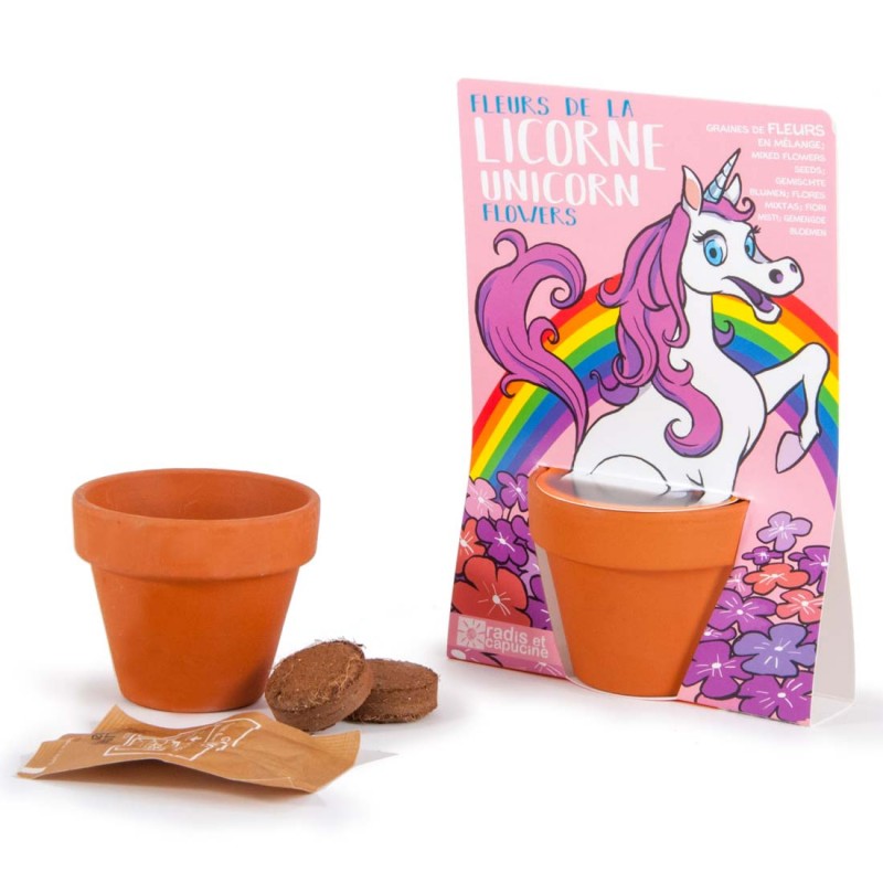 Licorne et ses fleurs à semer - Carte avec pot